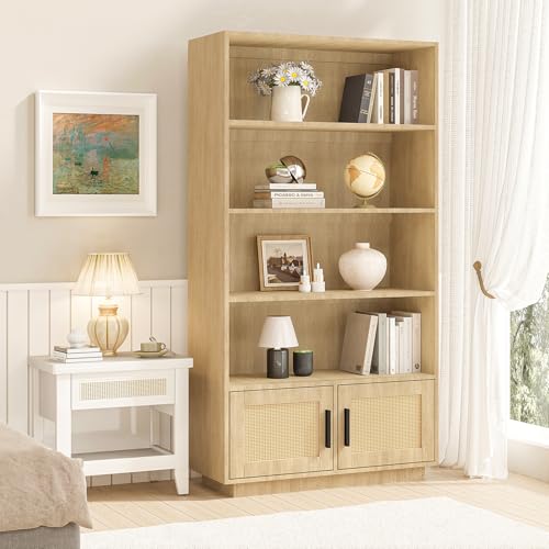 GarveeHome 5 Tier Bookshelf, Boho Bookcase with Rattan Doors, Wooden Bookcase and Bookshelf with Storage, Tall Book Stand, Large Bookshelf for Living Room, Bedroom, Home Office, Kitchen