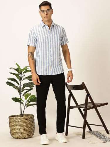 Image of Thomas Scott Men's | Stripes | Half Sleeve | Slim Fit | Linen Blend | Spread Collar | Casual Shirt