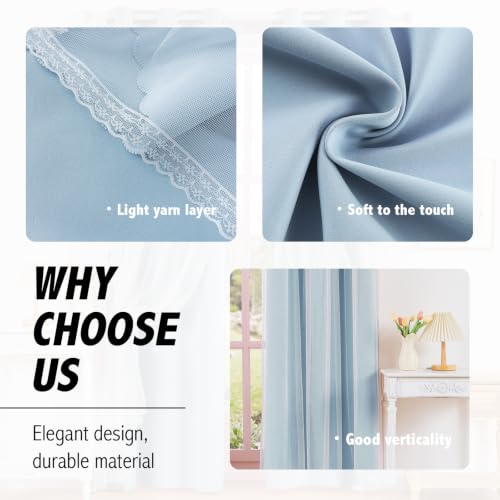 Image of Anytime Double Layer Blackout Curtains 2 Panels,35Wx63L,Sky Blue | Sheer And Fabric Window Drapes Grommet Top Solid Color Bedroom Living Room Home Decor