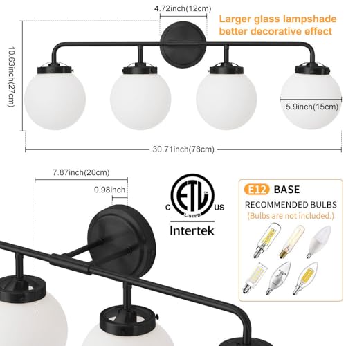 Image of Bathroom Light Fixtures 30.7in 4-Light Matte Black Vanity Lights for Mirror | Bathroom Lighting Fixtures over Mirror, ETL, Brushed Brass Wall Sconce, Dimmable E12 Base Max 60W, Milky Glass Ball Shades