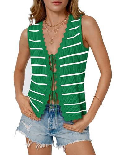Image of COCCKO Womens Summer Tops Vacation Beach Outfits Cute Tie Front Crochet Vest Knit Sleeveless Sweaters