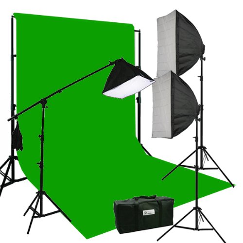 ePhoto Three Softbox 2700 Watt Photography Video Hair Boom Light Lighting Kit 10x12 Chromakey Green Muslin Background Support Stand Case Kit H604SB-1012G