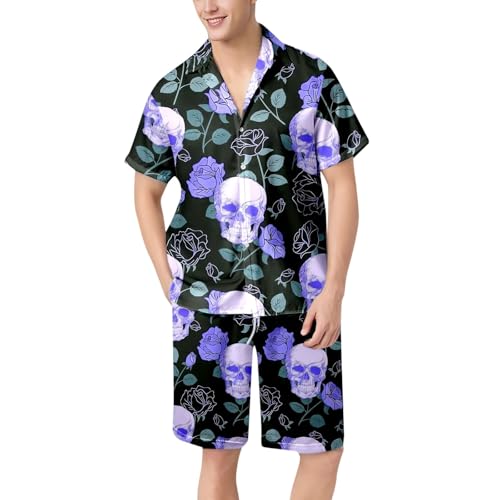Generisch Ensemble pyjama pour homme - Grande taille - Avec imprimé tête de mort - Ensemble de vêtements de nuit d'été - 2 pièces - Manches courtes - Col rabattu - Chemise et pantalon court - Ensemble