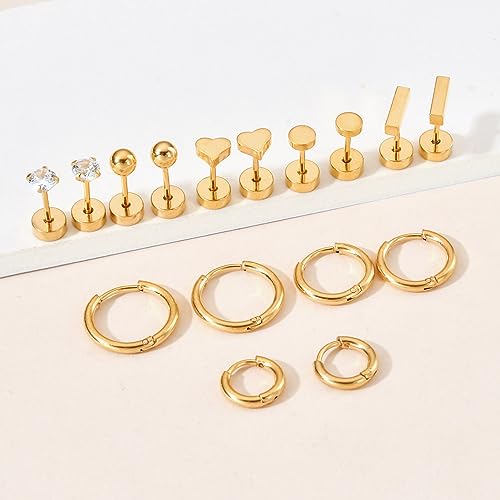 Versatile 8 Pairs Titanium Earrings for Sensitive Ears - Polka Dot Ball Opal Cubic Zirconia, 20 Gauge, Pure Titanium Stud and Ring Earrings Set - G23 Flat Back Titanium Earrings for Women