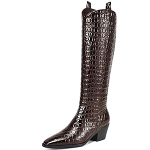 Knee High Boots Women Leather Wide Calf Long Boots Black Chunky Heel Pointed Toe Tall Long Boots with Zipper