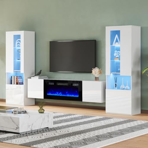 AMERLIFE High Gloss Living Room Entertainment Center with LED Lights, Including Floating Fireplace TV Stand with 36" Electric Fireplace & 2 Bookcases with Glass Doors, White - Image 8