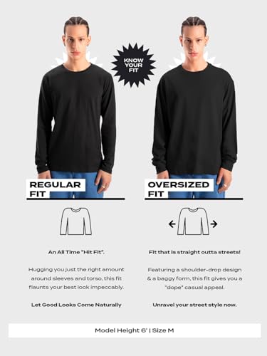 Image of Bewakoof Men's 100% Cotton Graphic Print Oversized Fit Full Sleeve Round Neck T-Shirt | Casual Wear | Street Wear | Oversized t Shirt for Men Cotton | Baggy
