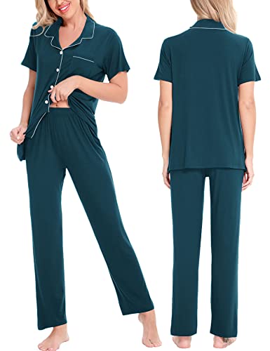 Image of SWOMOG Women Pajama Sets Two-Piece Nightwear Short Sleeve Sleepwear Button Down Pj Lounge Sets with Long Pants