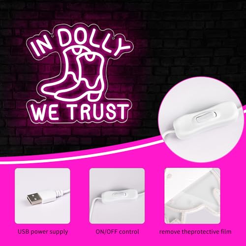 Image of In Dolly We Trust Neon Sign for Wall Decor Cowgirl Boots for Man Cave | Country Retro Style, Rustic Decoration for Home Party, Birthday Gifts for Women 12.2*11.6in