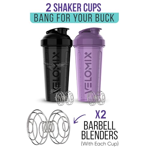 -2 Pack- 28 oz Protein Shaker Bottles for Protein Mixes - 2x Wire Whisk | Leak Proof Shaker Cups for Protein Shakes | Protein Shaker Bottle Pack | Shakers for Protein Shakes-Purple&Black
