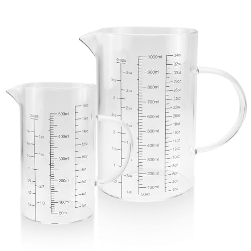 IIRC Juego de vasos medidores de cristal, 500 ml + 1 L, con 3 escalas de medición (Ml/Oz/tazas), para hornear y cocinar, apto para microondas y lavavajillas