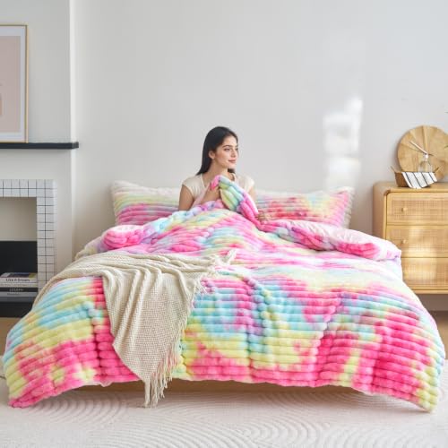 Image of Besfunny Rainbow Fluffy Comforter Cover Queen Size ,Plush Striped Bedding 3pcs Set(1 Fuzzy Duvet Cover+2 Fur Pillow Cases ) Faux Fur Luxury Bed Set (Rainbow, Queen)