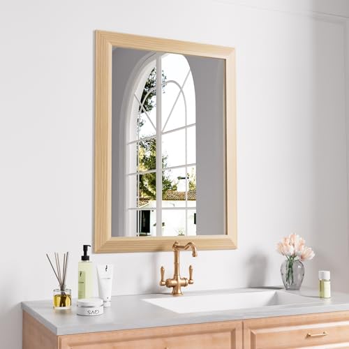 Amorho 22 X30 Inch Bathroom Mirror for Wall, Oak Wood Grain Metal Framed Mirror, Anti-Rust, Hang Horizontally/Vertically, Suitable for Bedroom, Farmhouse, Bathroom, Decorative