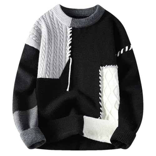 Men Patchwork Knit Pullovers Casual Stand Neck Long Vintage Sleeves Sweater