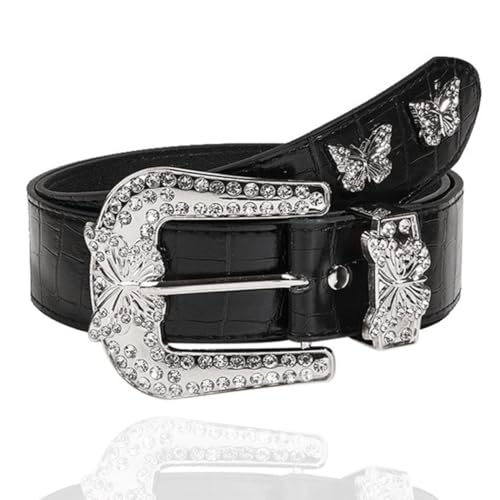 Black Western Leather Belts Rhinestone Buckle Belt for Women Cowgirl Belts for Jeans Pants