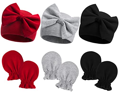 Image of Newborn Hospital Hats Gloves Baby Infant Bow Beanie Cotton Caps No Scratch Hat Mittens Set for 0-6 Months