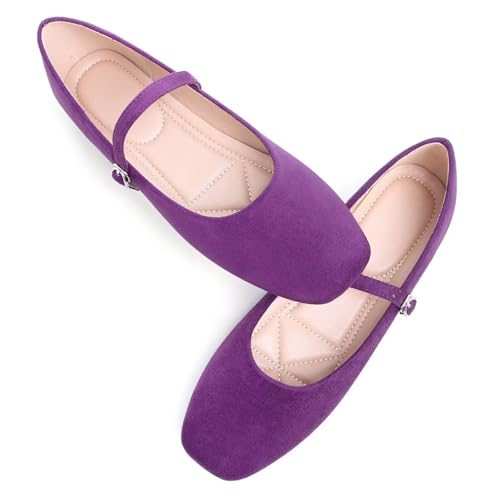 Stunner Women's Mary Jane Ballet Flats Fashion Square Toe Ankle Strap Flats Comfortable Casual Slip On Dress Shoes Dark Purple 42(9.5) 22
