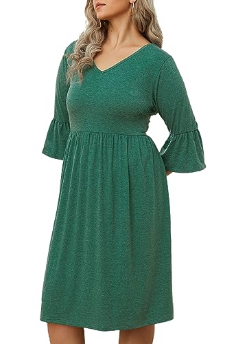 Image of Women's Plus Size 3 /4 Sleeve Casual Dress V Neck Spring Summer Tshirt Empire Waist Ruffle Midi Dresses