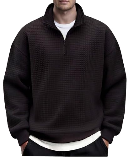 COOFANDY Mens Quarter Zip Pullover Long Sleeve Quilted Sweatshirt Casual Waffle Sweaters Polo with Pocket