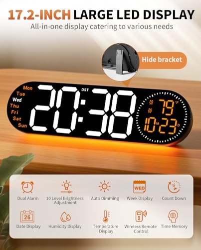 Image of 17.2 Inch Large Digital Wall Clock with 9 Color Changing Remote Control, Date Week Temperature, Auto Brightness Dimmer Clock Night Lights,Orange