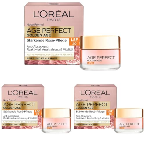 L'Oréal Paris Tagespflege, Age Perfect Golden Age, Anti-Aging Gesichtspflege, Festigung und Glanz, Für reife und fahle Haut, LSF 20, Mit Pfingstrosen-Extrakt, 50 ml (Packung mit 3)