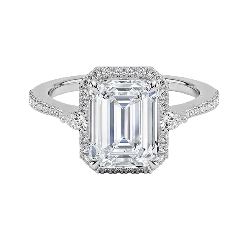 Emerald Cut 1-4 CT Center Diamond Moissanite Engagement Ring, Classic Halo Vintage Bridal/Wedding Ring Set In Solid Gold & Sterling Silver, Anniversary Promise Ring For Women (White, 4 Carat)