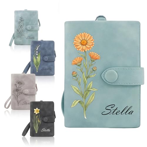 Image of Custom Wallet for Women Personalized Birth Flower & Name Purse Soft Leather Bifold Clutch with Strap Customized Gift for Mom Girlfriend