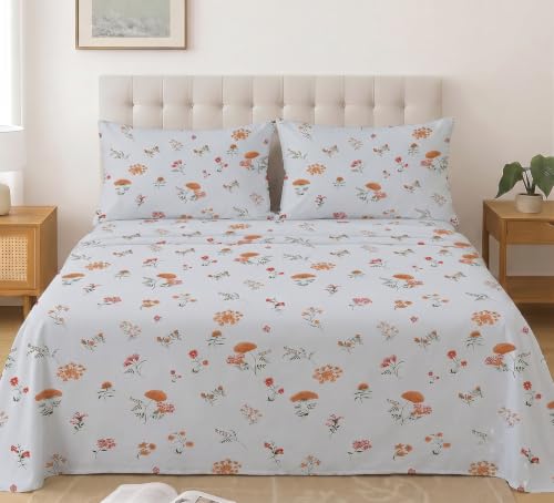 Image of IVAZA 240 TC Soft Ezyption Cotton Floral Print King Size Bedsheet - with 2 Pillow Covers, Hypoallergenic, Brethable, (Size- 90 x 90 Inch) White Rust