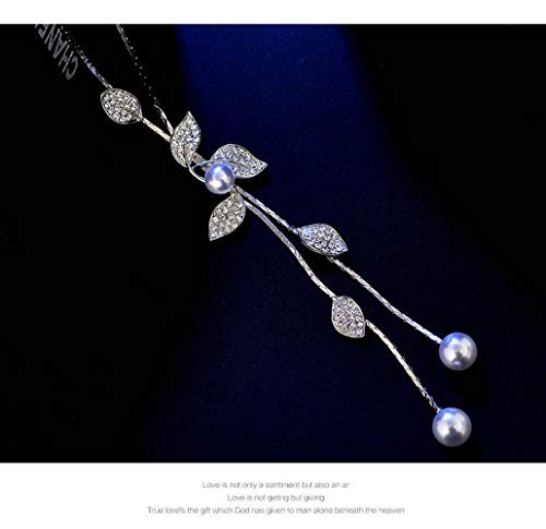 Y-Shaped Necklace Bohemian Crystal Pearl Flower Leaf Dangle Long Necklace Fashion Elegant Tassel Sweater Chain Women Girl Jewelry (White Gold Clear Crystal) #TOP5