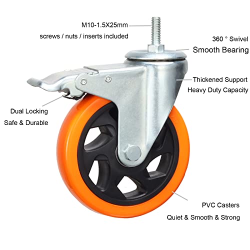 Image of Heavy Duty Stem Caster Wheels M10-1.5X25mm Dual Locking No Noise PVC Threaded Stem Caster Wheels Pack of 4 for Workbench, Dolly, Furniture (5 Inch, Orange)