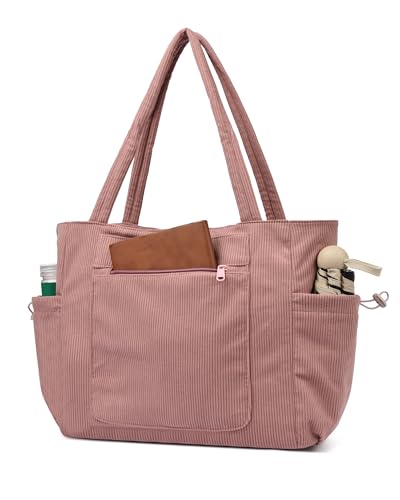ibalulu Cord Tasche Damen, Groß Shopper Tasche, 15.6 Zoll Tote Bag Laptoptasche, Strandtasche mit Reißverschluss, Handtasche Arbeitstasche Umhängetasche Schultasche für Schule Gym Reisen (Rosa)