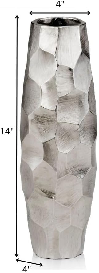 Modern Day Accents 3617 Facetado Barrel Silver Vase, Vase for Flowers, Plants, Home Decor, Aesthetic Room Decor, Decorative Vase, Table Centerpiece, 14"
