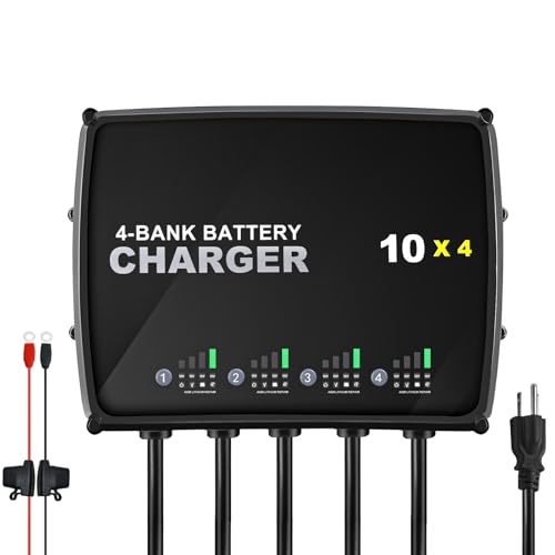 12V 4 Bank Marine Battery Charger 40A (10A Per Bank) - Compatible with AGM LiFePO4 and Deep-Cycle Batteries IP68 Waterproof Built-in Overcharge/Short-Circuit/Reverse Polarity Protection for Boat