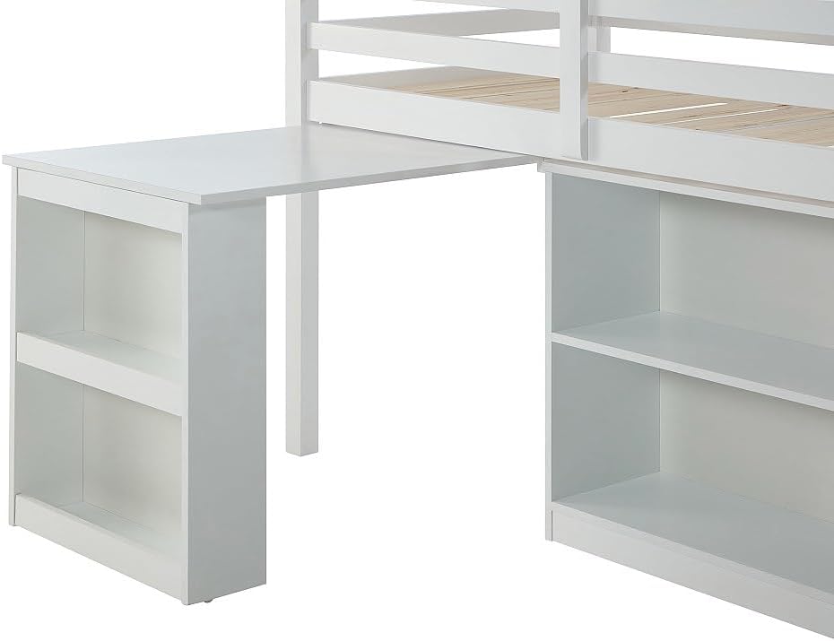 Close-up of the extendable desk of the Vente-unique ABRENO combined bed, showing its surface and supporting leg.