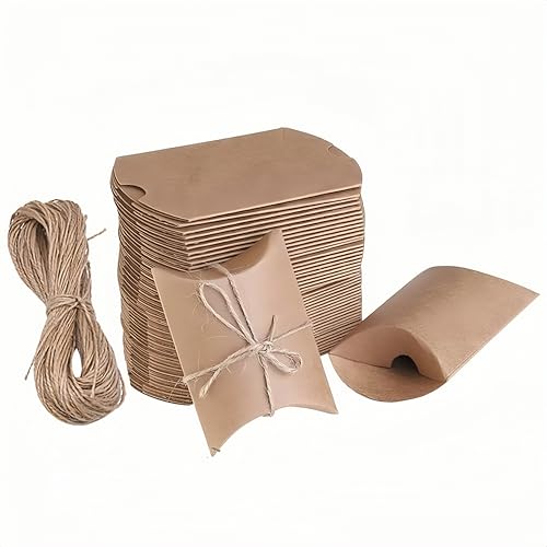 100個セット クラフトギフトバッグ 枕型ボックス お菓子・キャンディ用 結婚式・パーティー・記念品に最適 9x6cm (黄色ボックス + 麻紐付き)