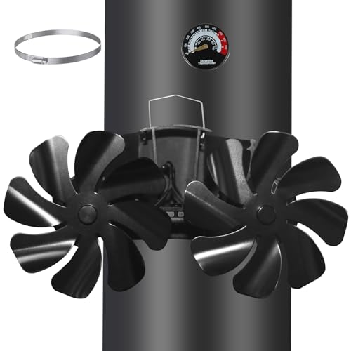 Tomersun Ventilador de chimenea magnético, sin electricidad, con 16 hojas, silencioso, para leña, chimenea, chimenea, chimenea, tubo de estufa, con termómetro y 1 anillo de repuesto
