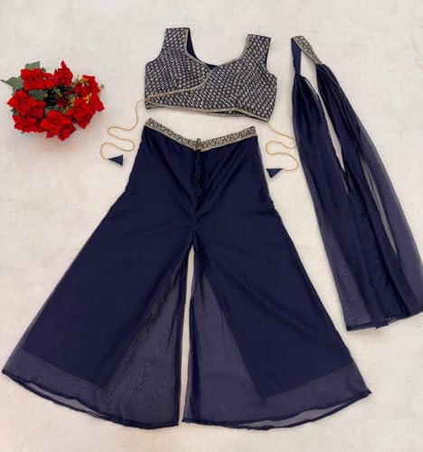 Image of Women Palazzo Blouse Dupatta Set for Women,Fully Stitched Teby Silk Palazzo with BanglorySilk Blouse & Teby Silk Dupatta | Multicolour Embroidery & Sequin Work