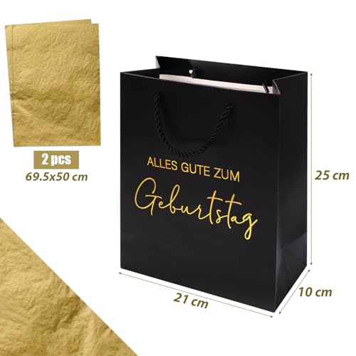 MEJOSER Geschenktüte Geburtstag Schwarz 25x21x10cm Groß Geschenktasche mit Henkel aus Papier Happy Birthday Tüte mit Seidenpapier für Frau Mann Junge Mädchen