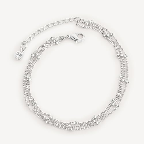 MEVECCO Bracelet for Women Sliver Layered Satellite Chain Bead Sliver Plated Dainty 3 Layer Simple Jewelry