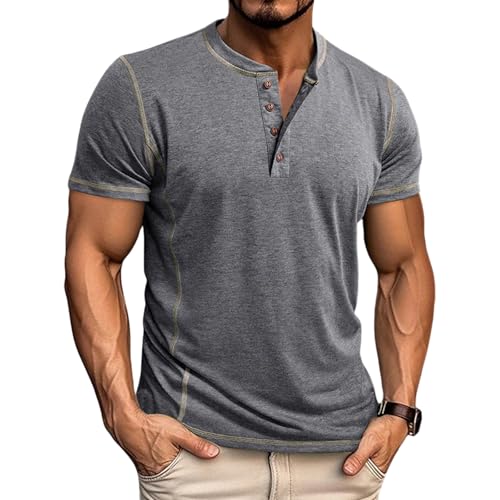 Aulemen T-Shirts für Herren Henley T-Shirt Kurzarm Knopfleiste Hemd lässig Slim Fit T Shirt Herren Sommer Tops Grey-3XL