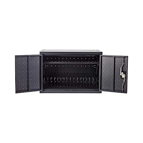 Pearington 16 Device Portable Table Top Charging and Storage Cabinet for iPads, Chromebooks and Laptop Computers, Up to 17-inch Screen Size, Bonus Shelf, Side Handles, Locking Front Door, Cable Clips Cover