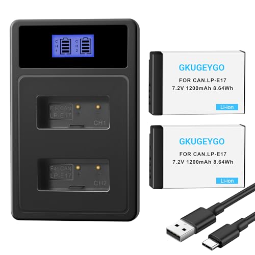 GKUGEYGO 2-Pack LP-E17 Battery and Dual USB Charger Compatible with Canon EOS R100 R50 RP R10 R8, Rebel T8i T7i T6i T6s SL2 SL3 M3 M5 M6 77D 200D 250D 750D 760D 800D 8000D Digital SLR Camera