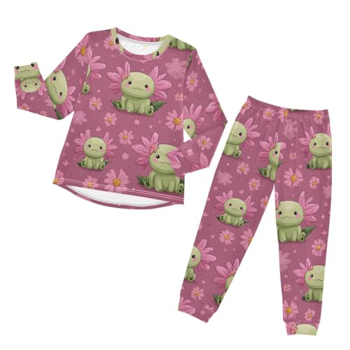 Cute Green Axolotl with Flowers Soft Pajama Set for All Seasons,Breathable Pjs Long Sleeve Sleepwear,Comfy Loungewear 2 Piece Underwear Set 5T