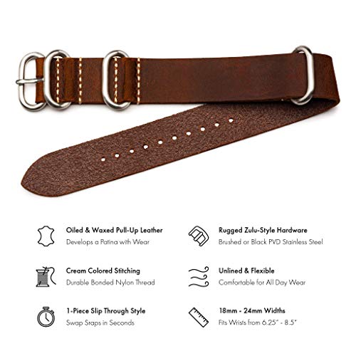 Benchmark Basics Leather Watch Band - Zulu Crazy Horse Oiled Leather One-Piece Military Watch Strap - Choice of Color & Width - 18mm, 20mm, 22mm or 24mm