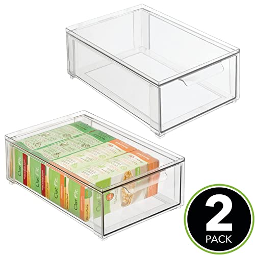 Mdesign Plastic Stackable Kitchen Storage Organizer Bin Containers With Front Pull Drawer For Cabinet, Pantry, Fridge, Freezer, Shelf, Refrigerator Organization - Lumiere Collection - 2 Pack - Clear #TOP1