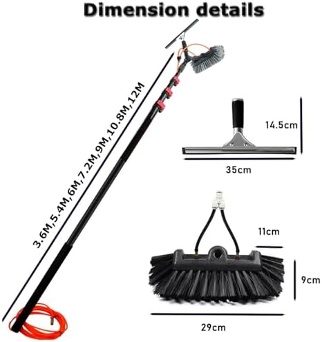 Telescopic Water Fed Window Cleaning Pole & Brush Kit - 11.8FT Extendable Cleaner for Conservatory Roofs Photovoltaic Panels Trucks & Windows with Squeegee