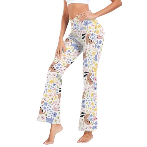 Dallonan Flare Yoga Pants Women Leggings Soft High Waisted Pants Cartoon Summer Dogs and Flowers Large