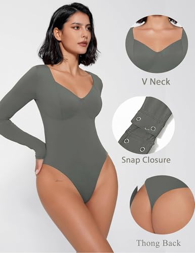 Image of Avidlove Bodysuit for Women Long Sleeve Double Lined Tank Top V Neck Bodysuit Tummy Control Shapewear