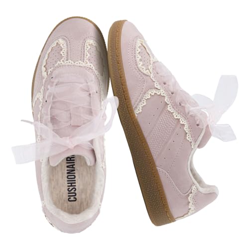 Image of CUSHIONAIRE Belinda Lace Detail Casual Sneakers for Girls - Ribbon Lace-Up Girls Shoes with Soft Cushion Support