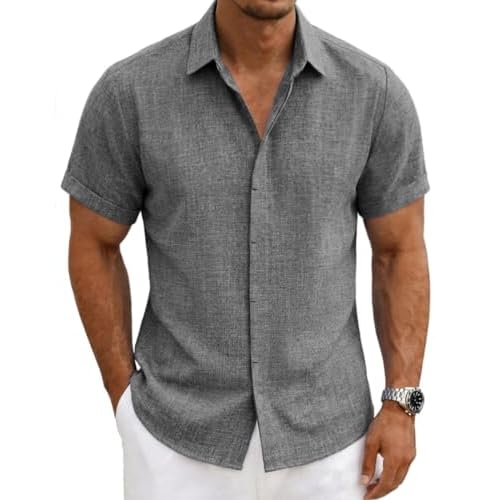 Mens Linen Shirts Short Sleeve Casual Shirt Button Down Summer Beach Vacation Tops Men Casual Dress Shirts Breathable 3X-Large Tall 00140_grey Denim
